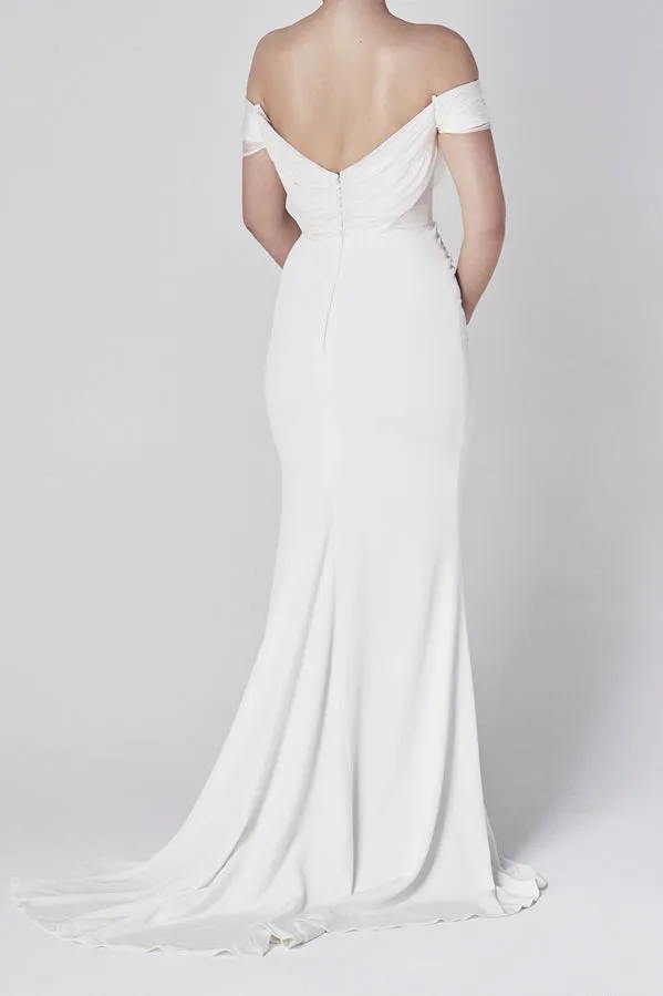 Modern Off-The-Shoulder Sheath Satin Wedding Gown With V-Back-715745