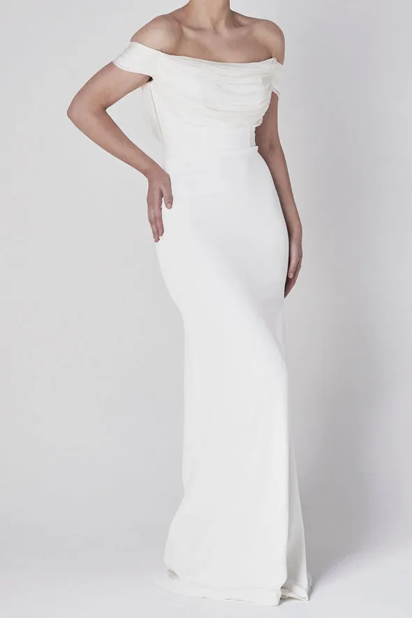 Modern Off-The-Shoulder Sheath Satin Wedding Gown With V-Back-715745