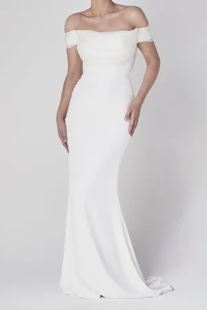 Modern Off-The-Shoulder Sheath Satin Wedding Gown With V-Back-715745