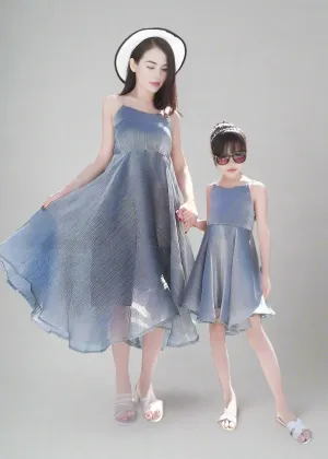 Mommy and Me Matching Silver Asymmetrical Chiffon Dresses with Strappy Backs