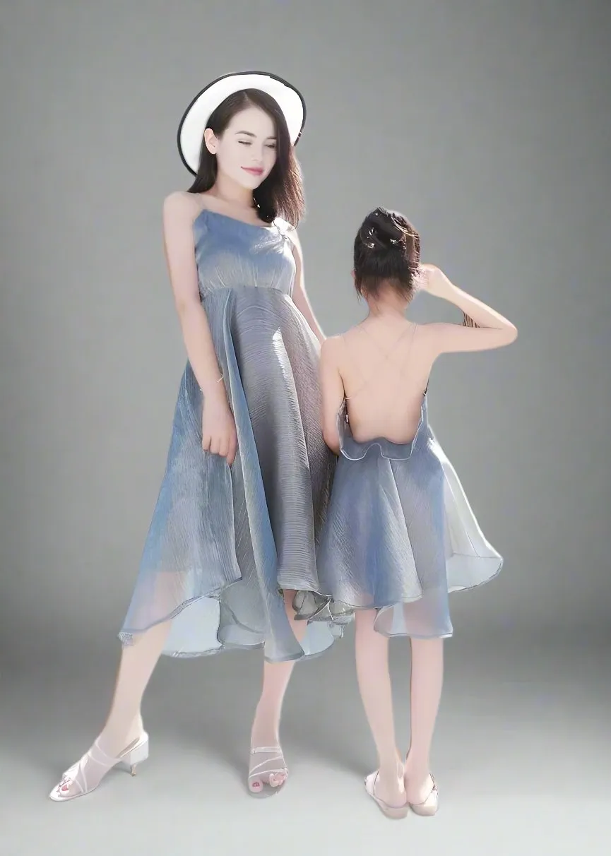 Mommy and Me Matching Silver Asymmetrical Chiffon Dresses with Strappy Backs