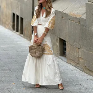 Morina - Unique two-piece maxi dress with ivory embroidery at neckline