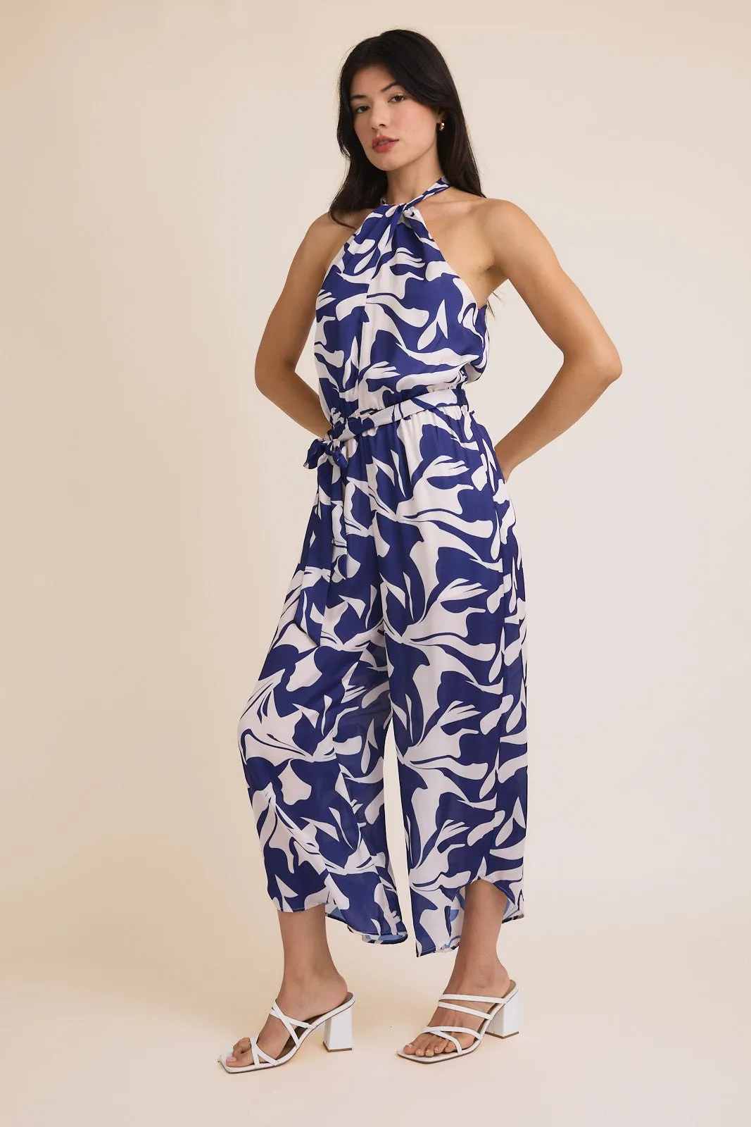 Navy Abstract Sleeveless Tie Jumpsuit