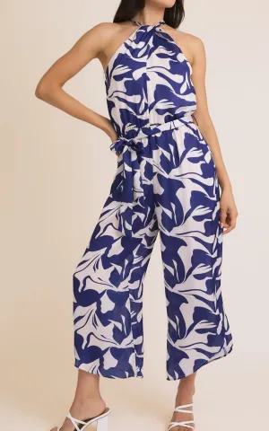 Navy Abstract Sleeveless Tie Jumpsuit