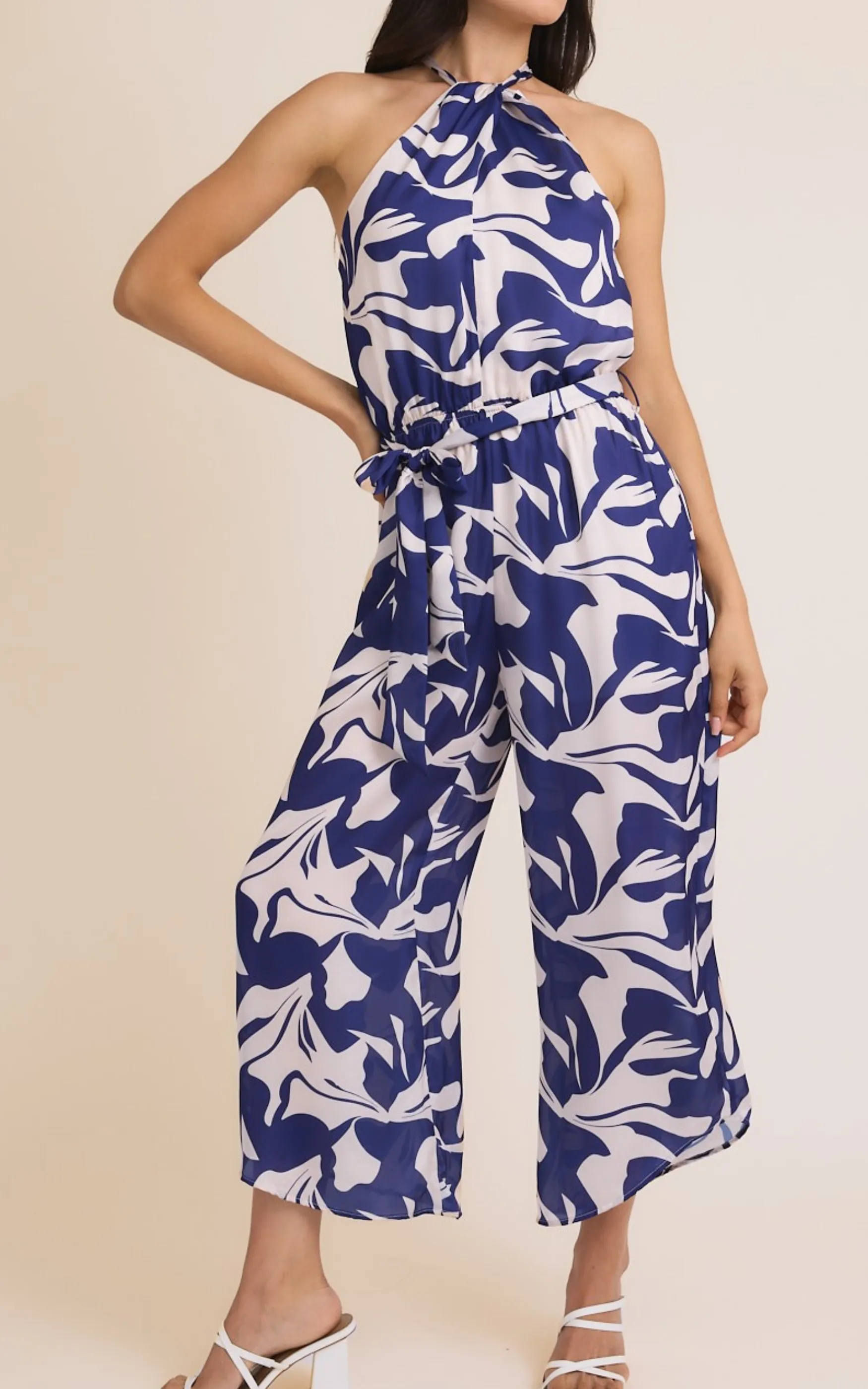 Navy Abstract Sleeveless Tie Jumpsuit