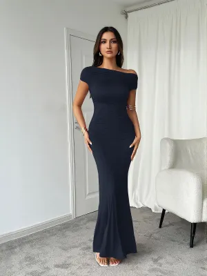 Navy Blue Off Shoulder Maxi Dress With Ruching At Side