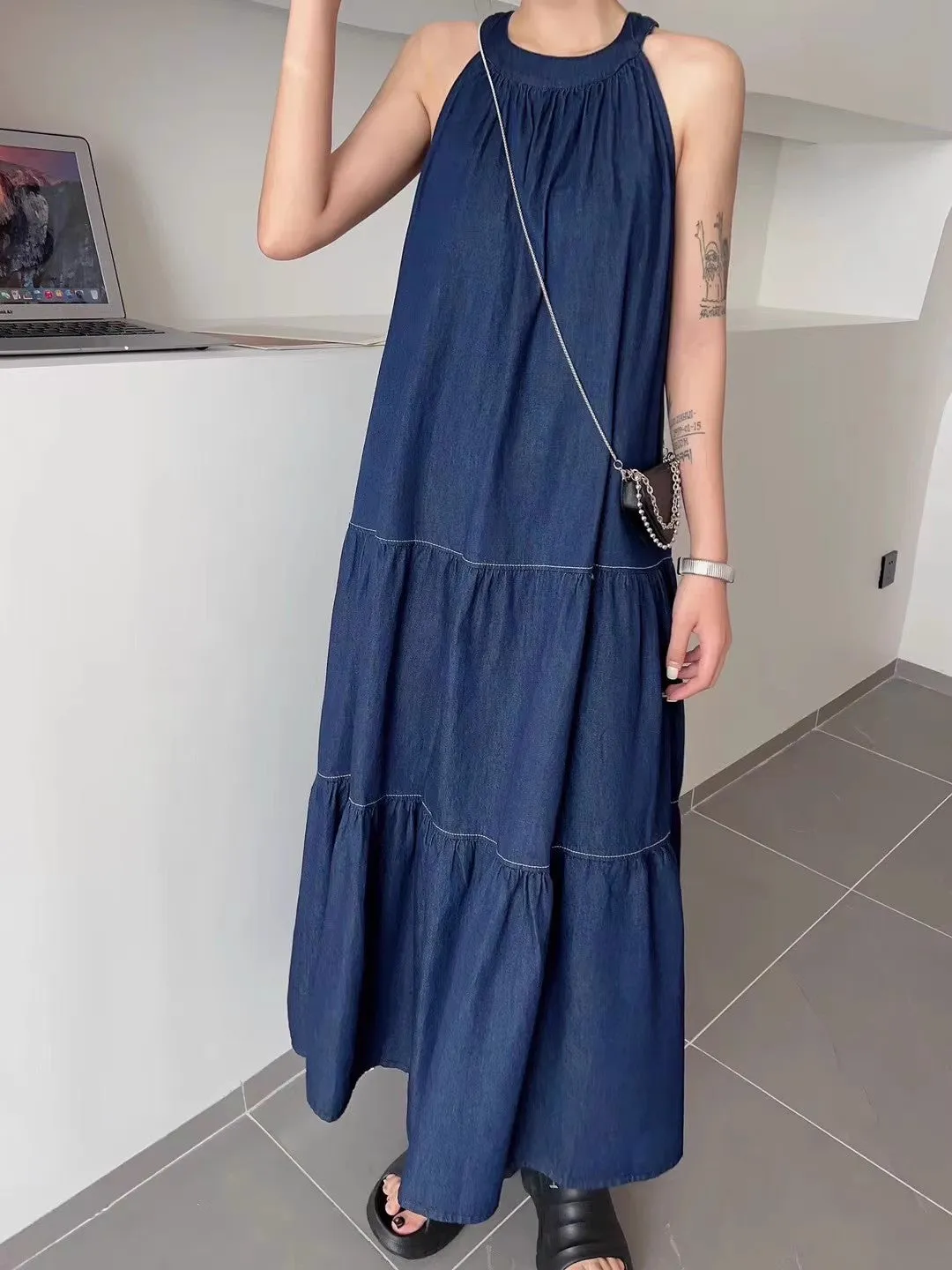 Navy Blue Racer Back Tiered Maxi Dress