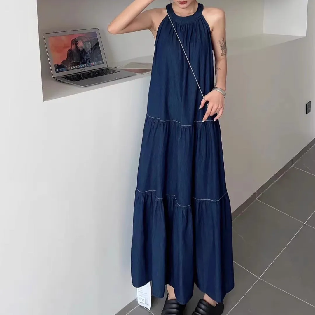 Navy Blue Racer Back Tiered Maxi Dress