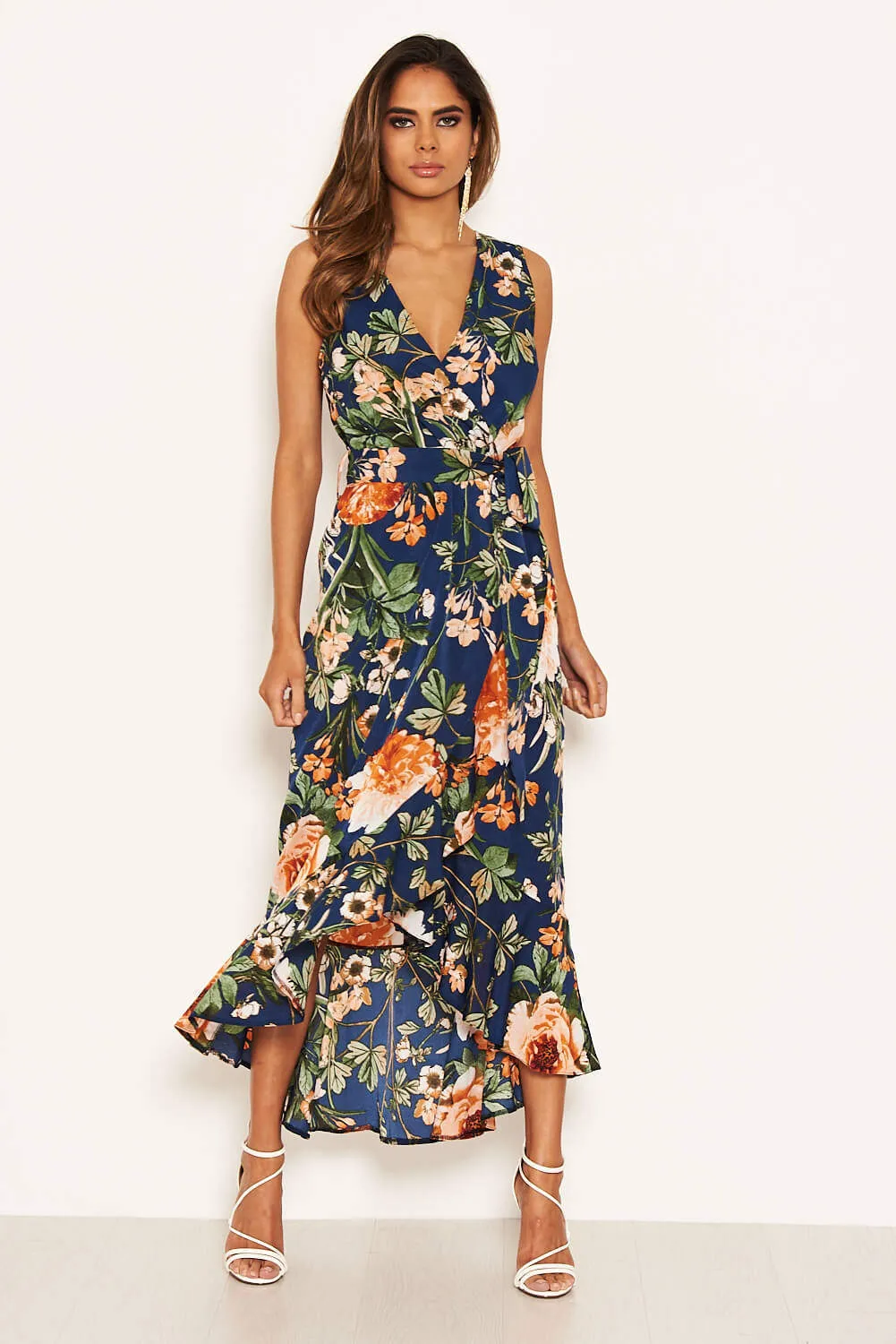 Navy Floral Wrap Midi Dress