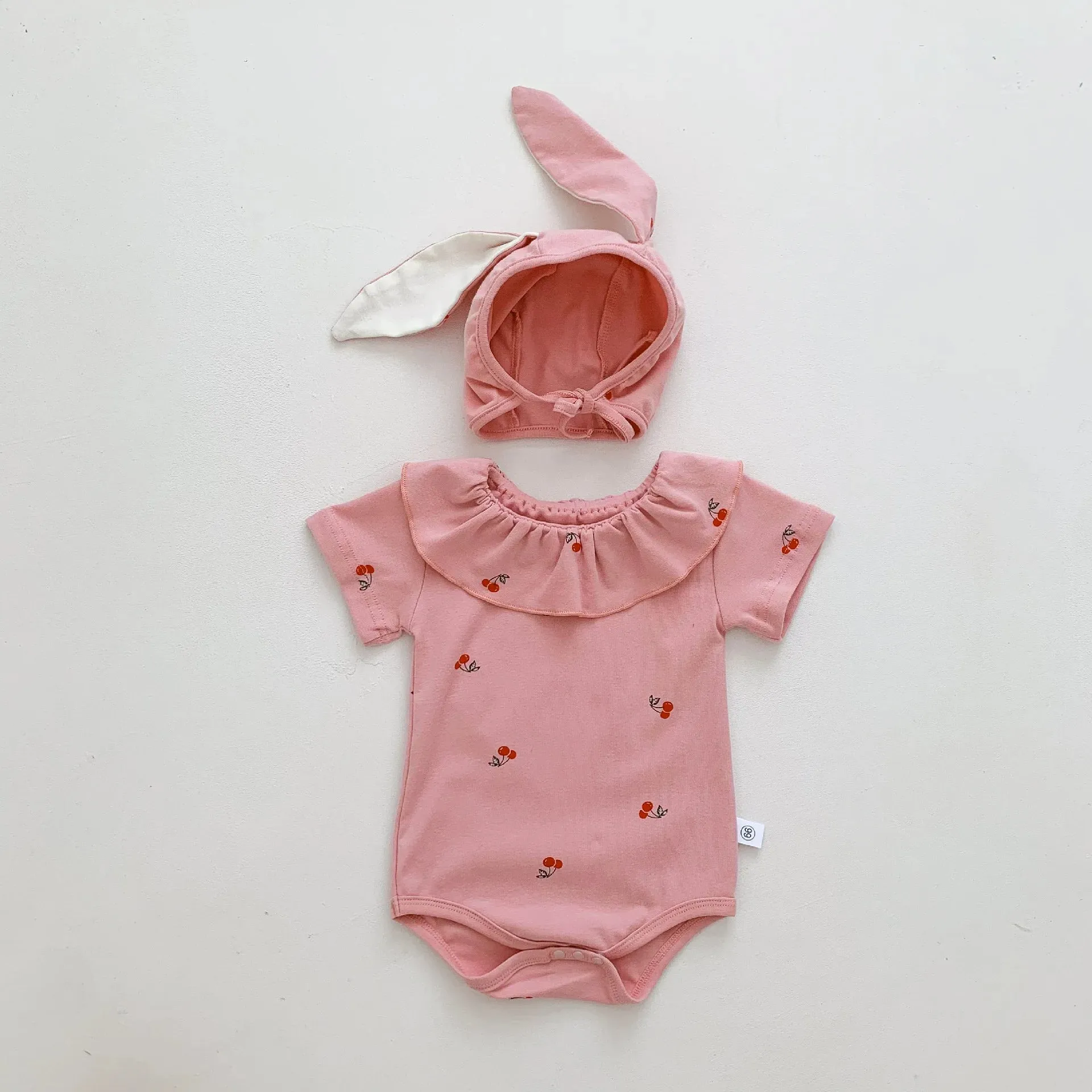 New In Summer Infant Newborn Girls Short Sleeve Cherry Print Outfits Jumpsuits Kids Baby Cotton Clothing Bodysuits Gift Hat