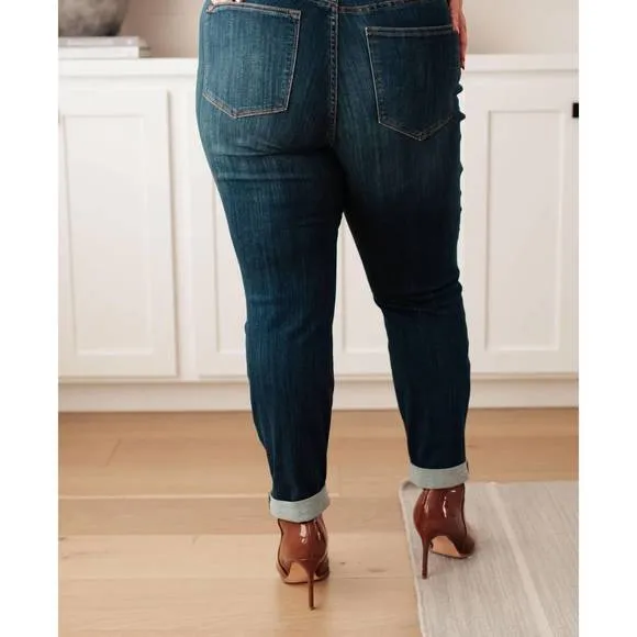 NEW JUDY BLUE high rise pull on double cuff slim jeans in dark wash