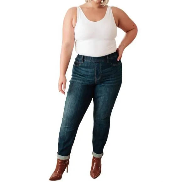 NEW JUDY BLUE high rise pull on double cuff slim jeans in dark wash