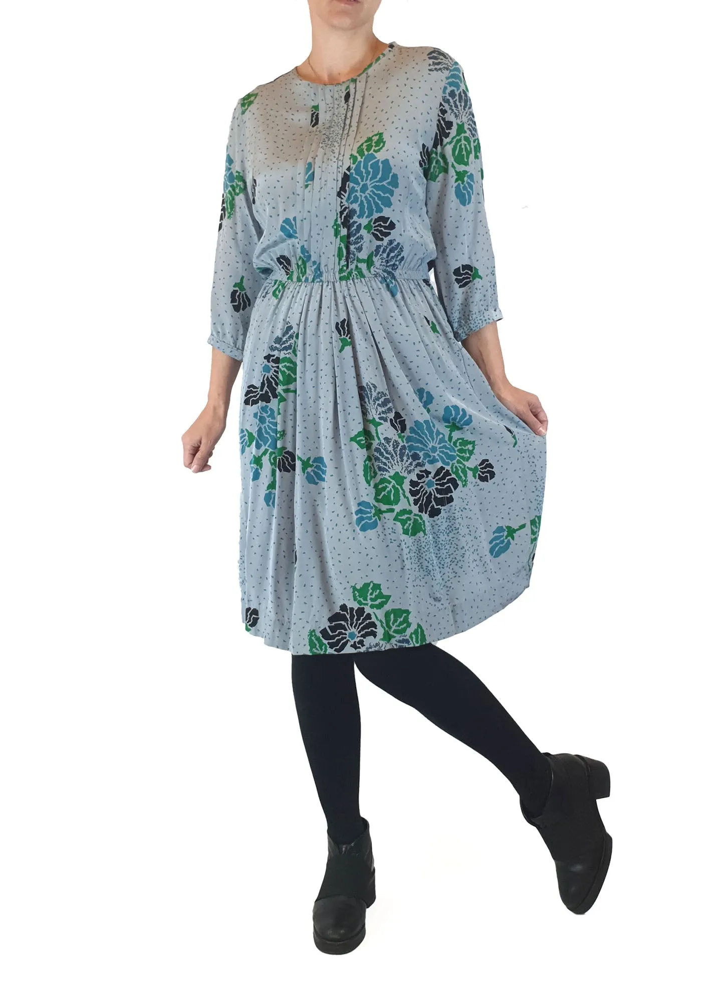 Obus blue unique print 100% silk dress with front ruffle detail size 1 (best fits size 8)
