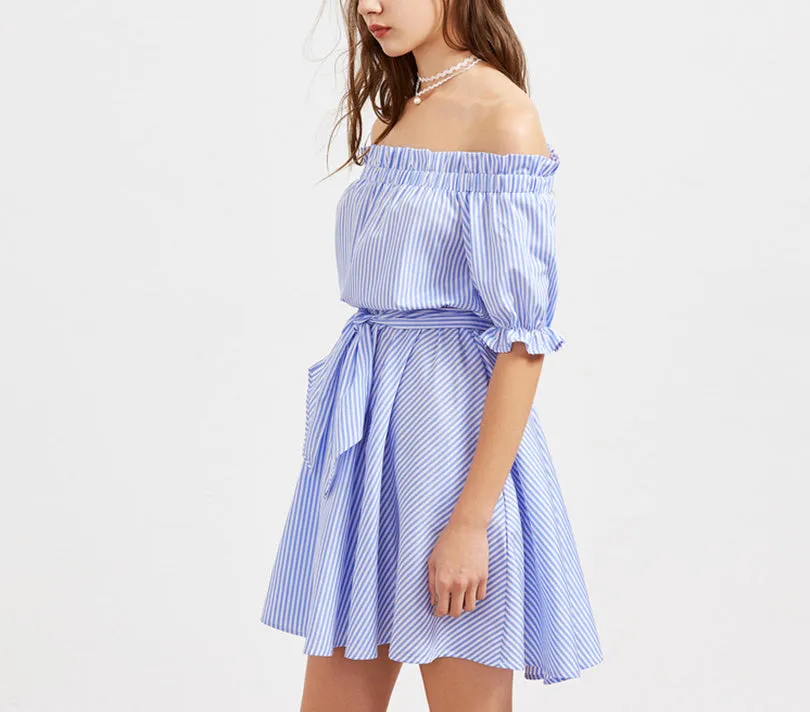 One-neck Collar Blue Striped Stitching Dress