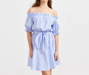 One-neck Collar Blue Striped Stitching Dress