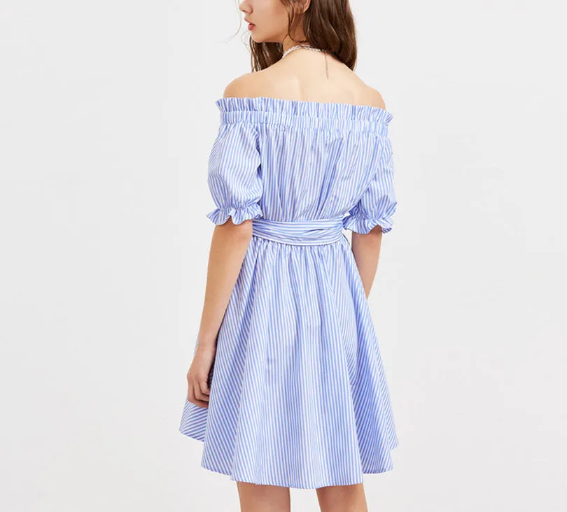 One-neck Collar Blue Striped Stitching Dress