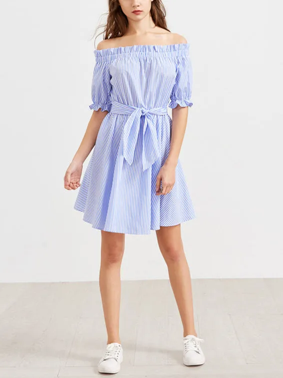One-neck Collar Blue Striped Stitching Dress