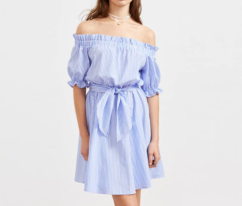 One-neck Collar Blue Striped Stitching Dress
