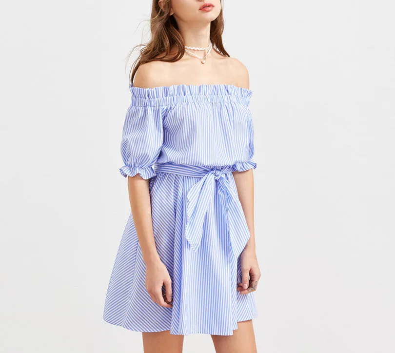 One-neck Collar Blue Striped Stitching Dress