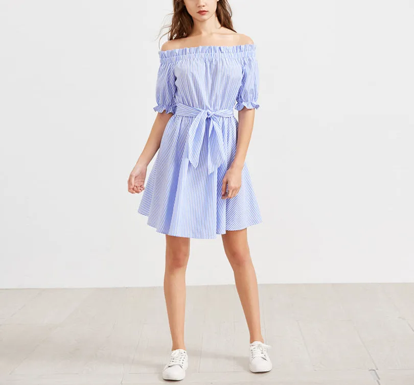 One-neck Collar Blue Striped Stitching Dress