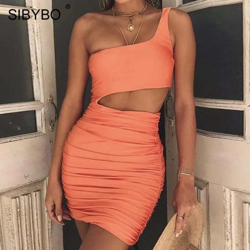 One-shoulder Hollow Bag Hip Dress Sexy Nightclub Solid Color Slim Mini Dress