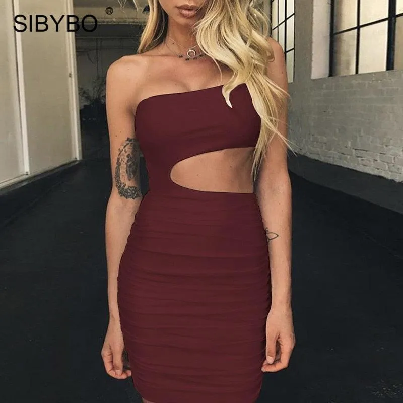 One-shoulder Hollow Bag Hip Dress Sexy Nightclub Solid Color Slim Mini Dress