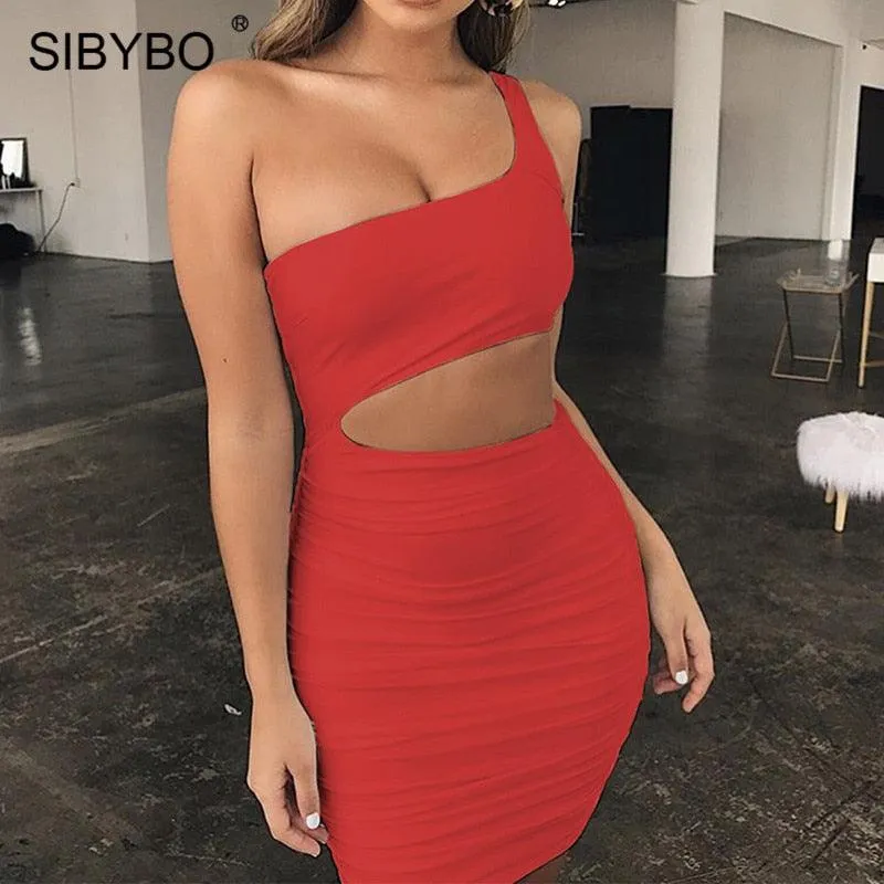 One-shoulder Hollow Bag Hip Dress Sexy Nightclub Solid Color Slim Mini Dress