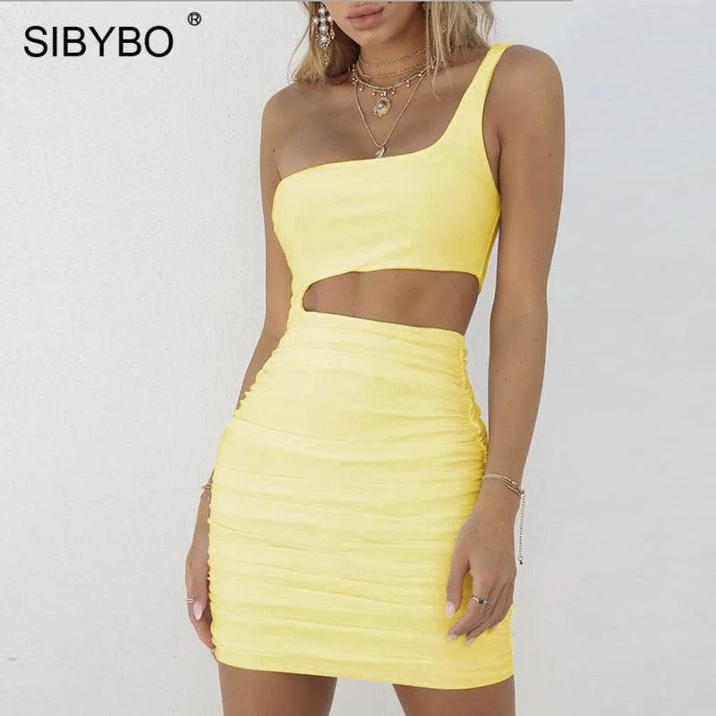 One-shoulder Hollow Bag Hip Dress Sexy Nightclub Solid Color Slim Mini Dress