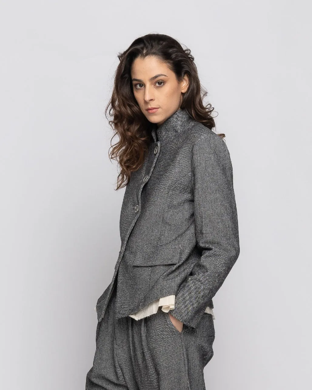 Organic Cotton Lining Herringbone Fitted Layered Blazer