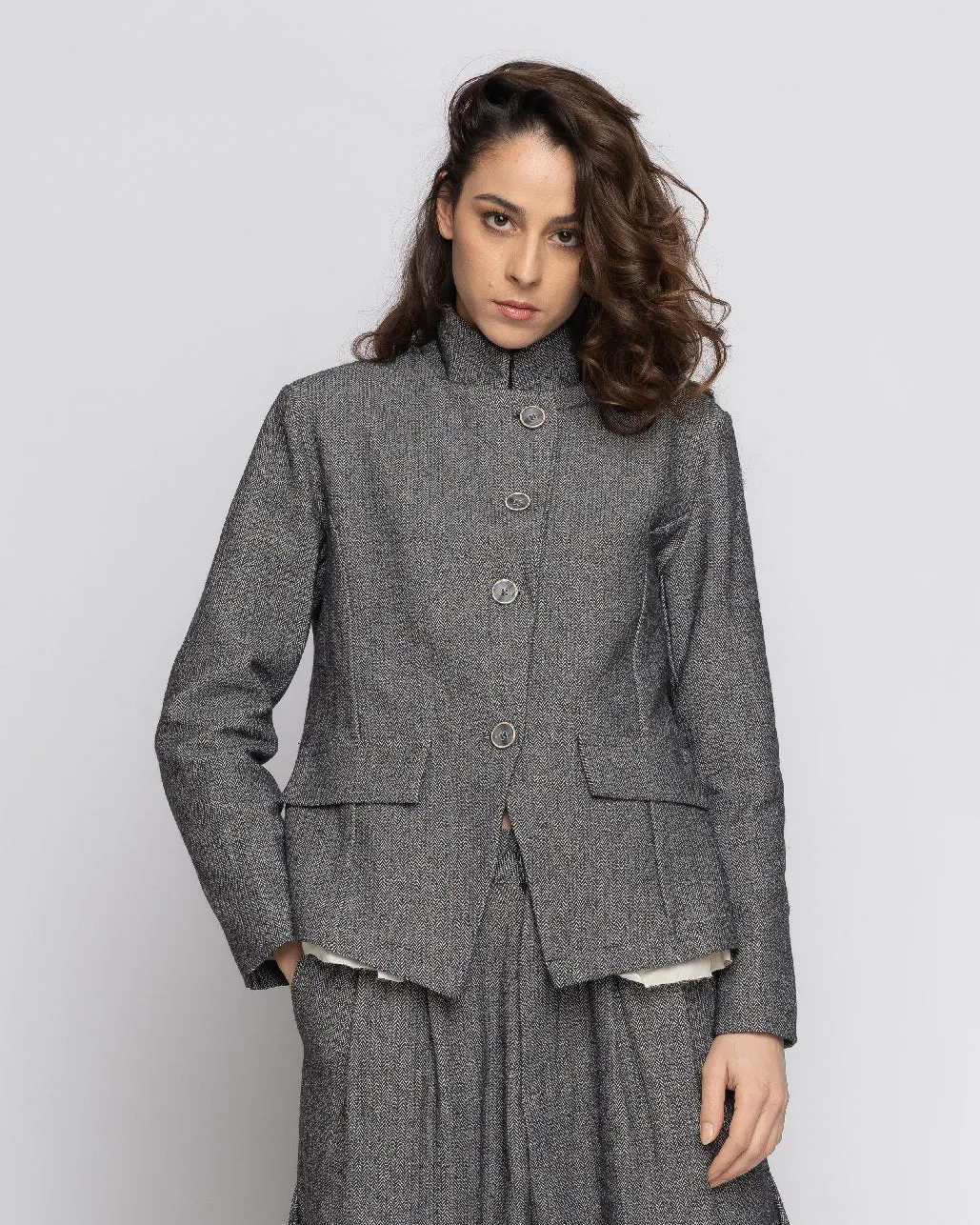 Organic Cotton Lining Herringbone Fitted Layered Blazer