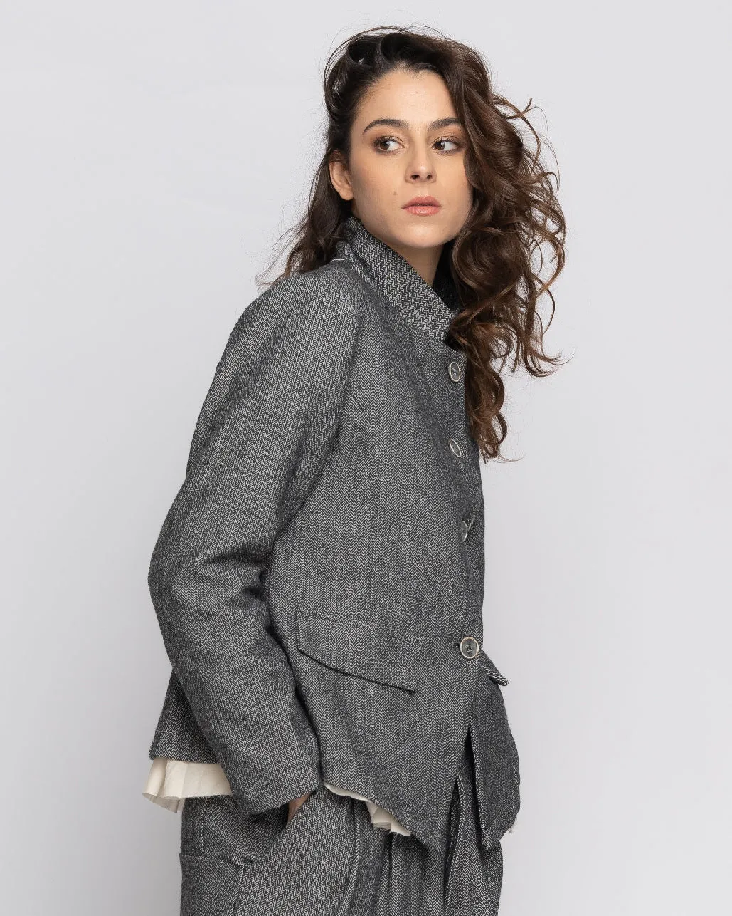 Organic Cotton Lining Herringbone Fitted Layered Blazer