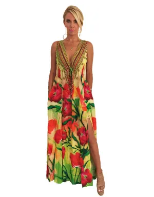 Parides V-Neck Embellished Dress in Red Tulip