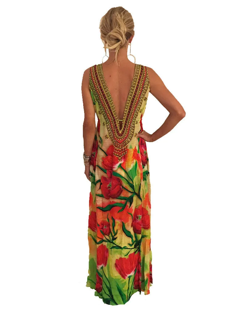 Parides V-Neck Embellished Dress in Red Tulip