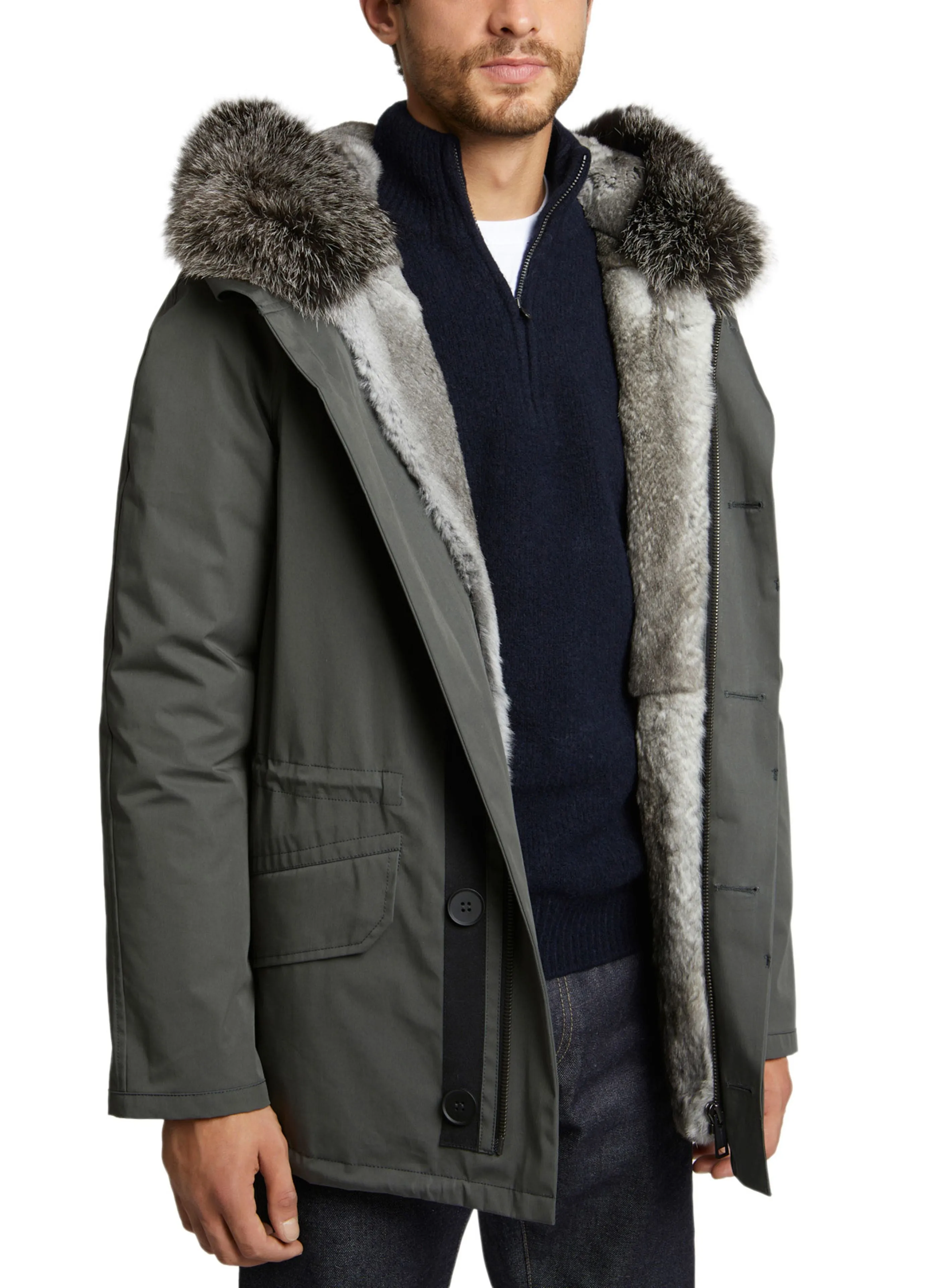 Parka iconique courte en coton mélangé imperméable avec fourrure de renard et lapin