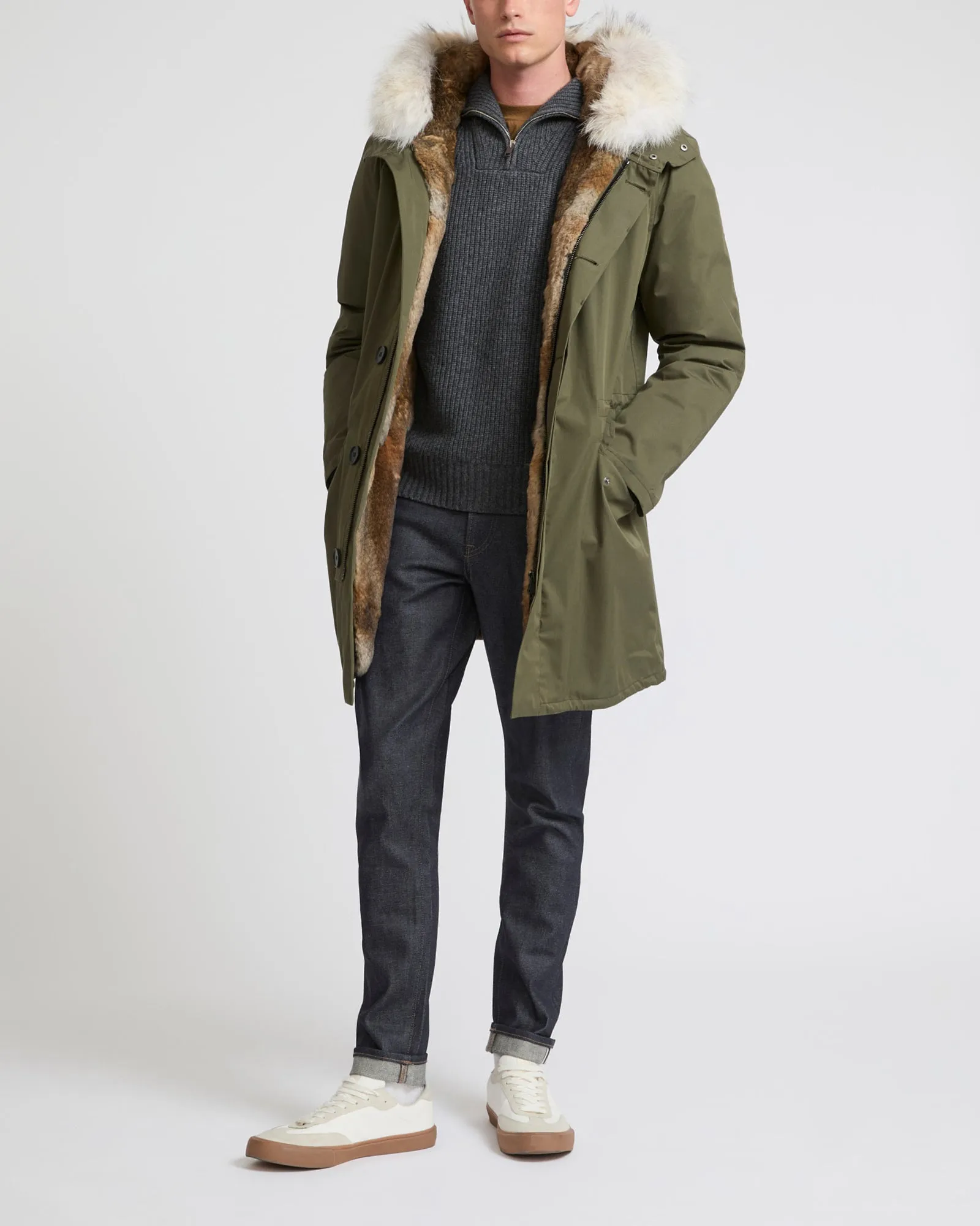 Parka iconique longue en coton technique avec fourrure de coyote et lapin