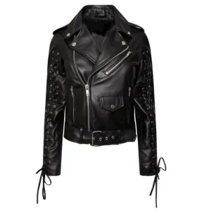 Pilot Bomber Black Motorcycle Biker Moto Belt Laced Sleeve Edgy Jacket Punk