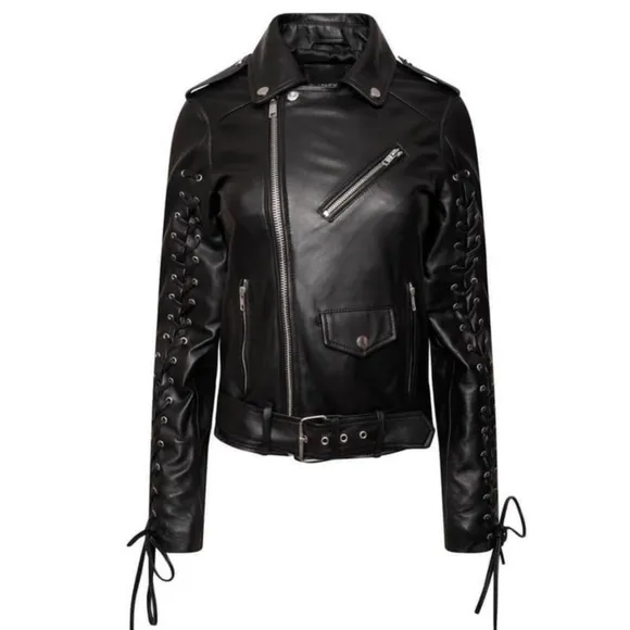 Pilot Bomber Black Motorcycle Biker Moto Belt Laced Sleeve Edgy Jacket Punk