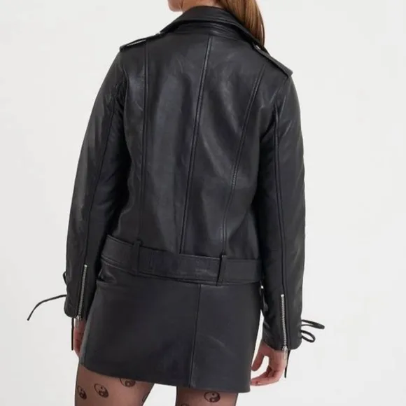 Pilot Bomber Black Motorcycle Biker Moto Belt Laced Sleeve Edgy Jacket Punk