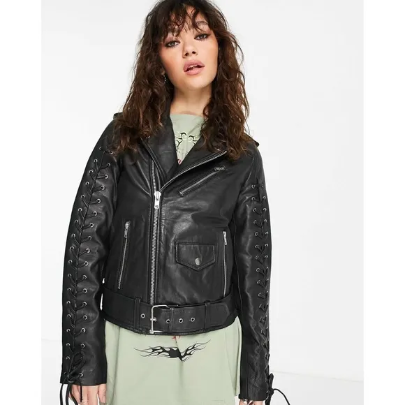 Pilot Bomber Black Motorcycle Biker Moto Belt Laced Sleeve Edgy Jacket Punk