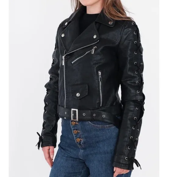Pilot Bomber Black Motorcycle Biker Moto Belt Laced Sleeve Edgy Jacket Punk