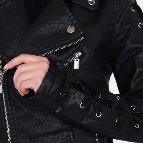 Pilot Bomber Black Motorcycle Biker Moto Belt Laced Sleeve Edgy Jacket Punk