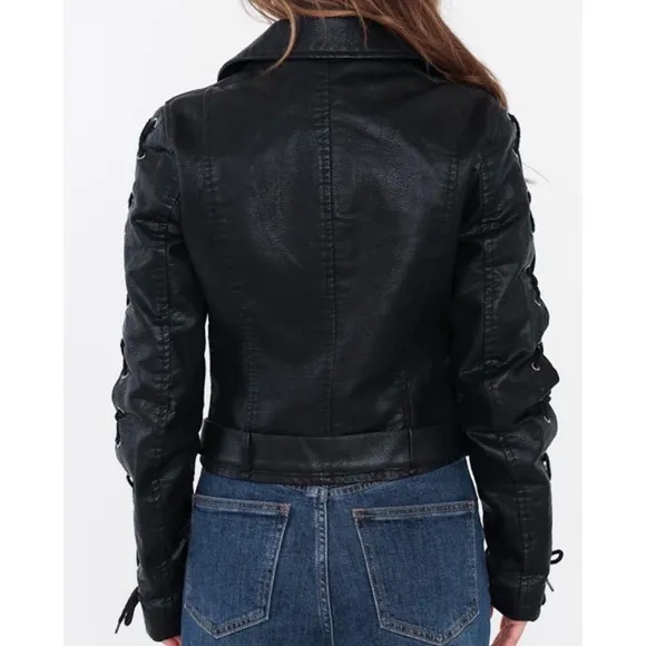 Pilot Bomber Black Motorcycle Biker Moto Belt Laced Sleeve Edgy Jacket Punk