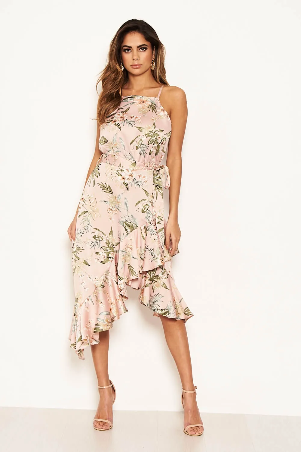 Pink Floral Frill Open Back Dress