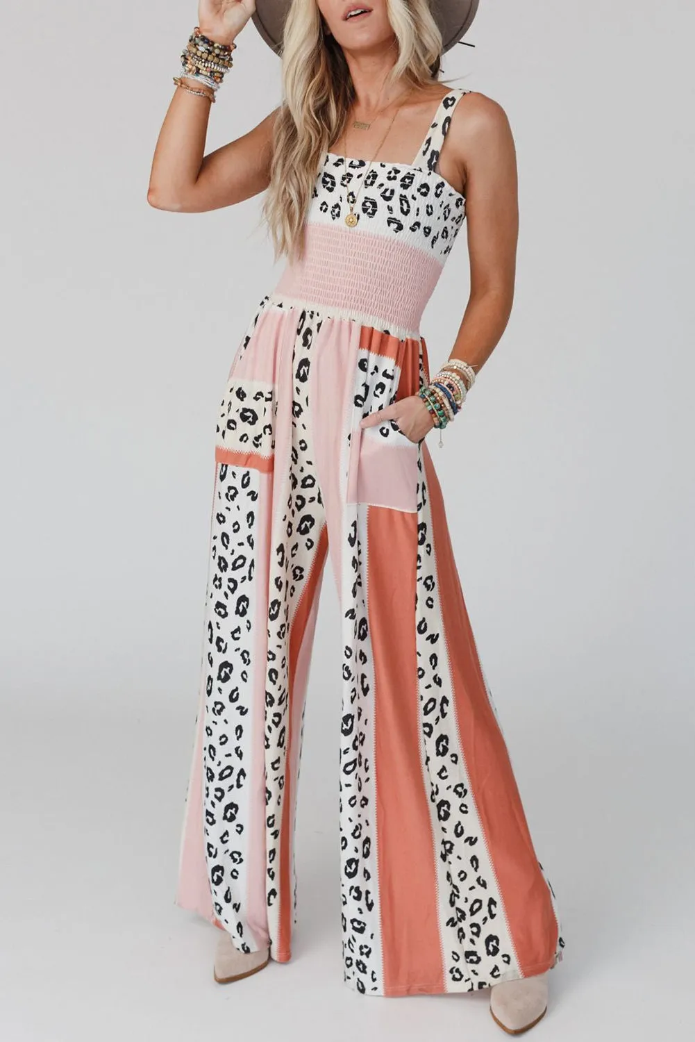 Pink Leopard Color Block Mix Print Pocketed Jumpsuit