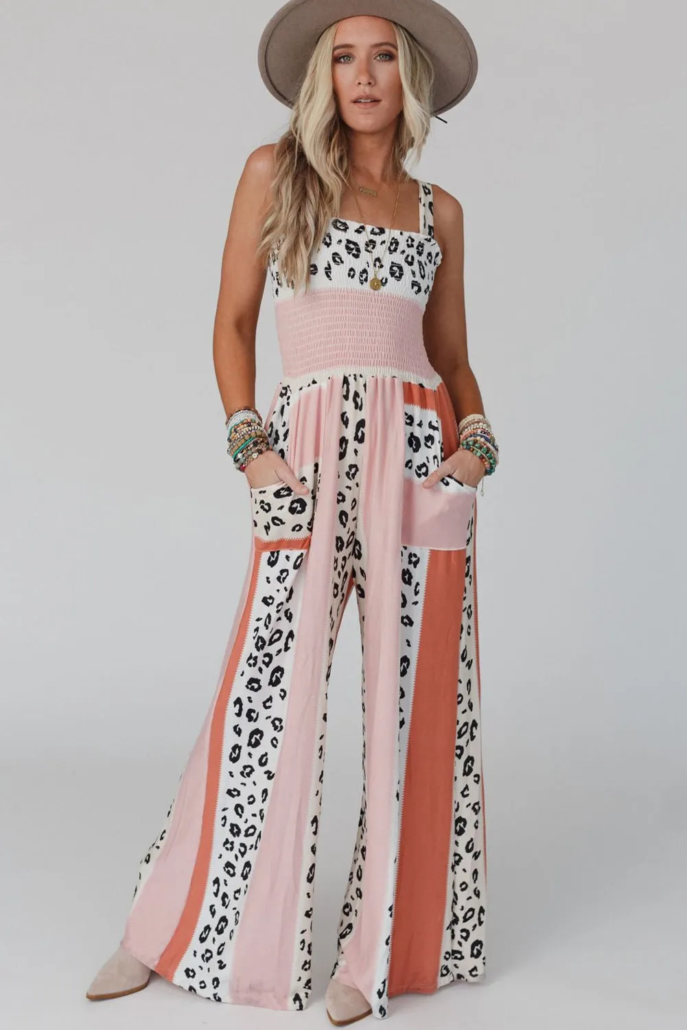 Pink Leopard Color Block Mix Print Pocketed Jumpsuit