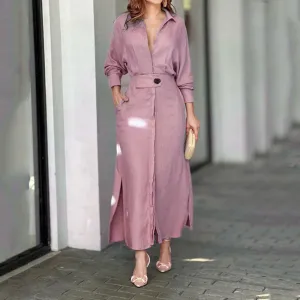 Pink Maxi Shirt Dress With Side Slit