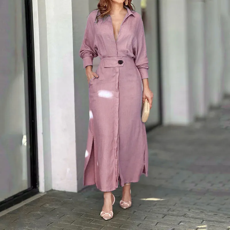 Pink Maxi Shirt Dress With Side Slit