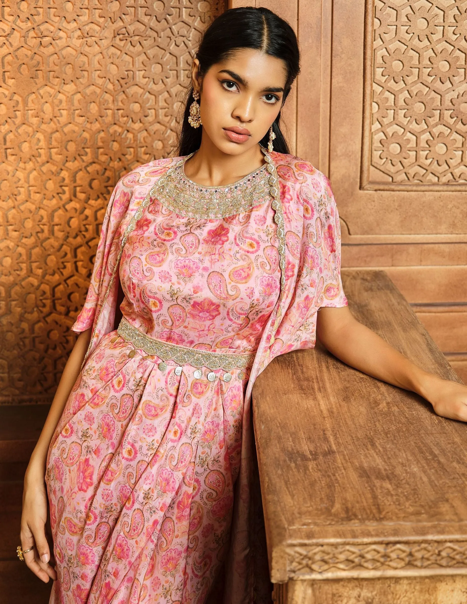 Pink paisley cowl jumpsuit and jacket
