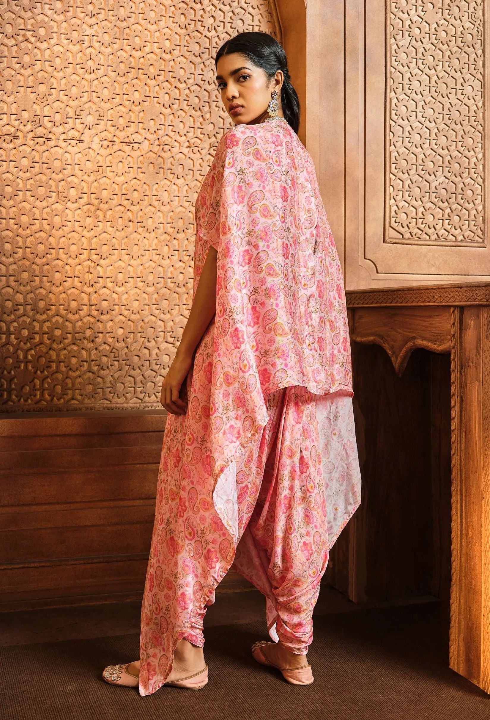Pink paisley cowl jumpsuit and jacket
