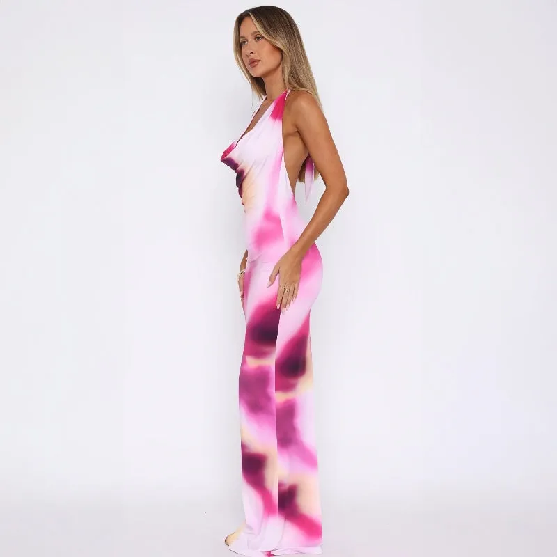 Pink Printed Cowl Neck Maxi